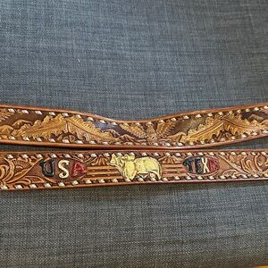 2 - Brown Leather Belts with USA and Texas Design, eagle designs